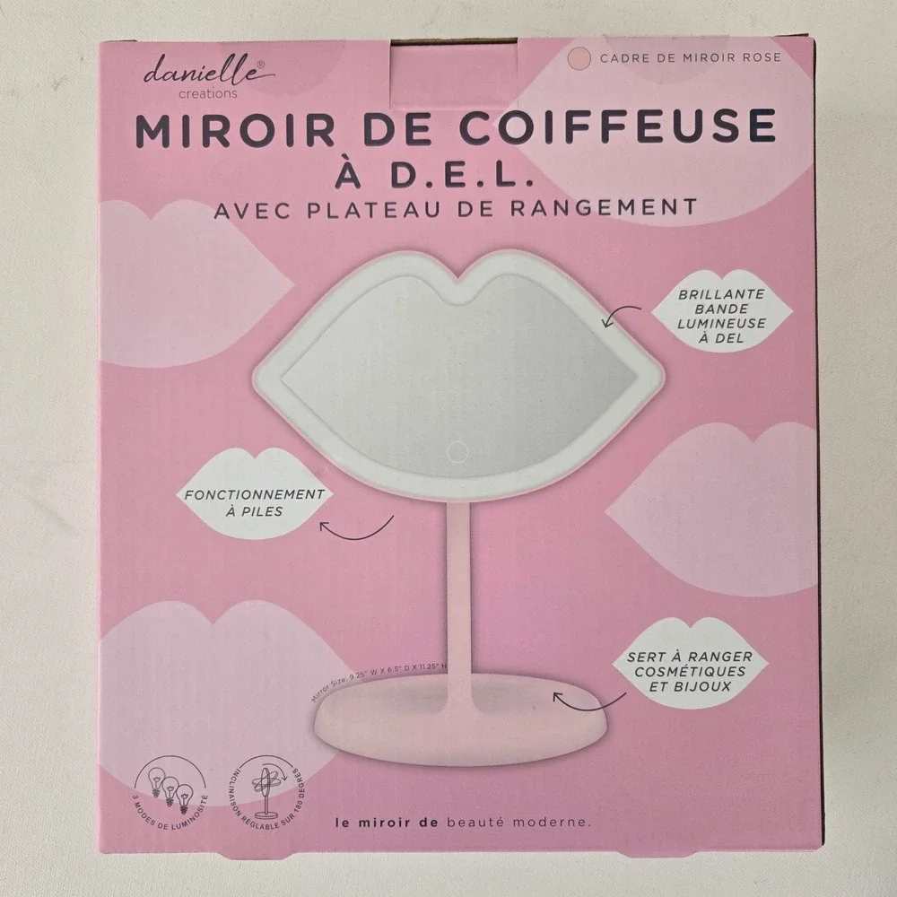Danielle Creations Vanity Mirror Pink Lip Shaped LED Lighted Accessory Tray y2k